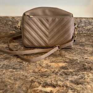 Taupe Quilted Crossbody Bag with Gold Hardware